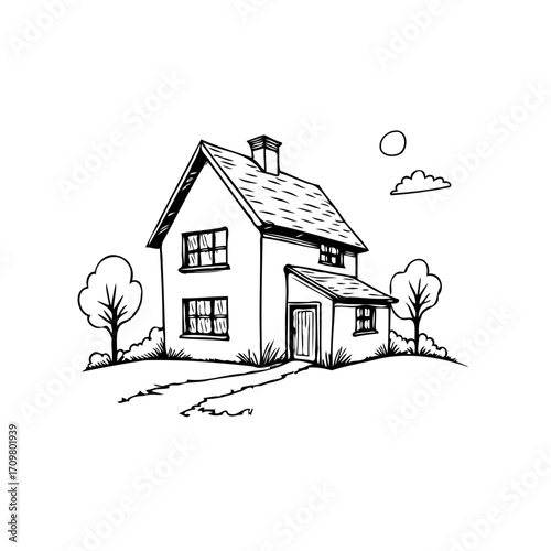 Ink drawing showcasing a quaint countryside home under sun with trees adding charm to the scene