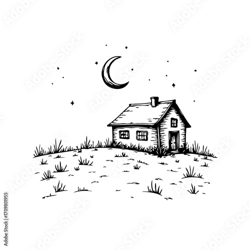 Ink drawn cottage beneath the celestial glow of moon and stars in a tranquil scene simple yet