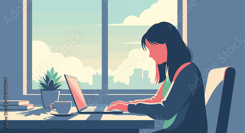 A focused woman typing on a laptop, illustrating the calm and productive environment of a successful remote work lifestyle with a city view