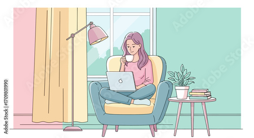 Cozy remote work A woman enjoying coffee while working from home on her laptop