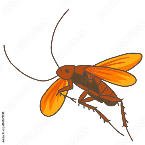 Colorful cartoon illustration of a cockroach with open wings, showing detailed antennae and legs
