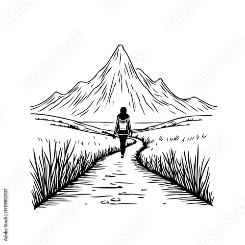 Ink illustration of a solitary hiker on a path towards a majestic mountain range conveying