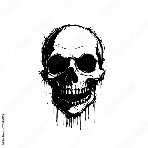 Ink illustration of human skull with dripping paint evokes mortality and artistic expression
