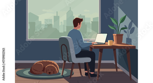 Man working remotely on a laptop at home, with his dog sleeping nearby and a city view outside the window