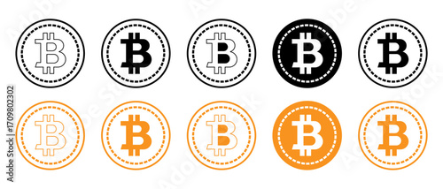 Set of Bitcoin symbols displayed in different color variations (black, white, and orange/beige).