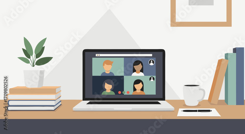 Illustration of a remote work setup featuring a laptop displaying a video conference with colleagues and a home office desk with supplies