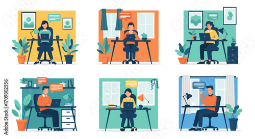 Illustrations depicting people working remotely from home, showcasing diverse home office setups and collaborative features of remote work