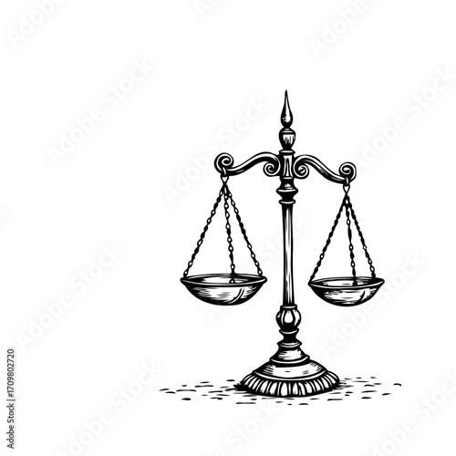 Intricate balance scales drawing on white background symbolizing justice and legal proceedings