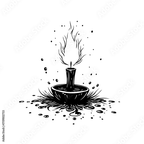 Intricate black and white depiction showcasing a mystical candle flickering illuminating esoteric