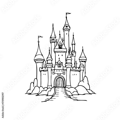 Intricate castle silhouette illustration evoking tales of grandeur and fantasy in a monochrome