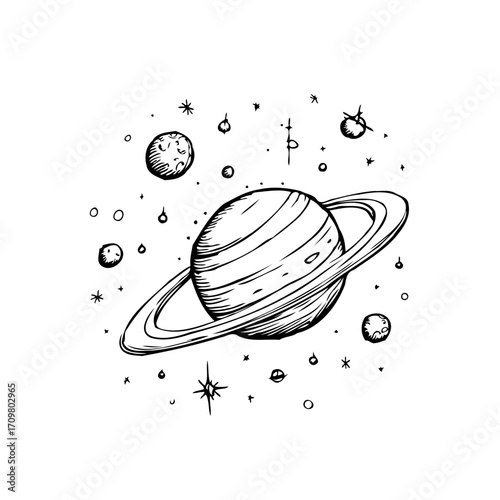 Intricate celestial sketch depicting a ringed planet with scattered moons and stars in artistic