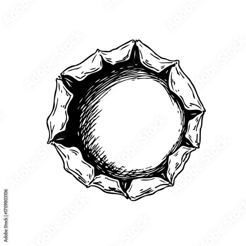 Intricate hand drawn abstract floral design with a central void evokes unique artistic