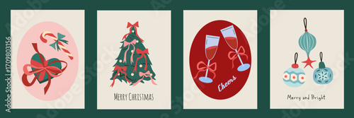 Christmas card designs set. Modern winter template cute hand drawn vector elements. Vintage italian whimsical style. Cin cin. La dolce Vita.