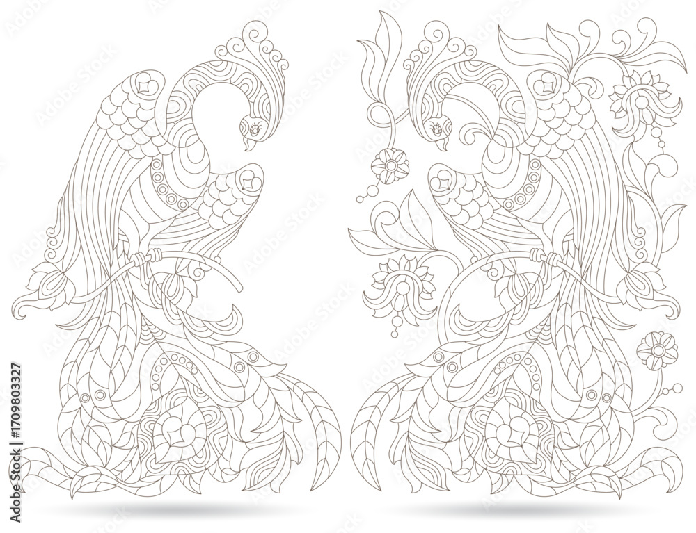 Obraz premium A set of contour illustrations in the style of a stained glass window with fabulous birds, dark outlines on a white background
