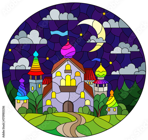 An illustration in the style of a stained glass window with an ancient castle on the background of a landscape and a night sky