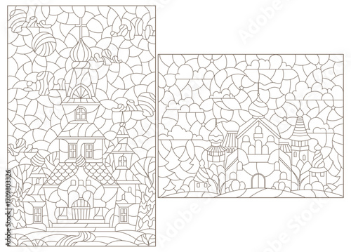 A set of contour illustrations in the style of a stained glass window with an ancient castle and landscape, dark outlines on a white background