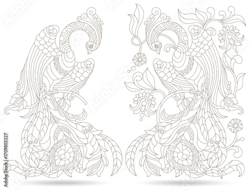 A set of contour illustrations in the style of a stained glass window with fabulous birds, dark outlines on a white background