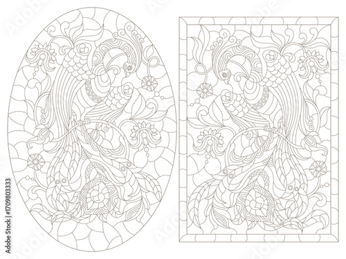 A set of contour illustrations in the style of a stained glass window with fabulous birds, dark outlines on a white background