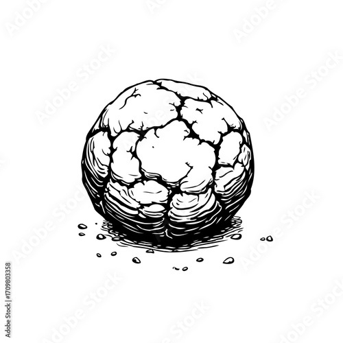 Intricate ink drawing of an earthy sphere exhibiting a network of cracks and granular textures on