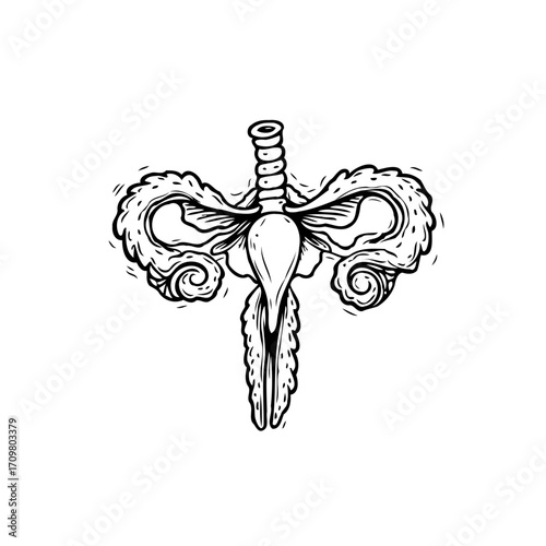Intricate line art illustration displaying a surreal fusion of anatomical structure with abstract