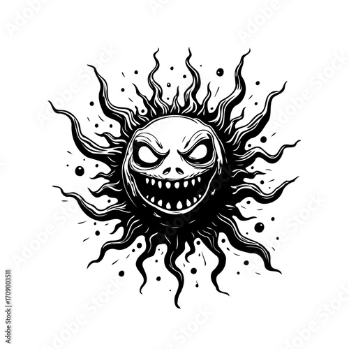 Intricate monochrome depiction a menacing sun character design with radiating energy illustration