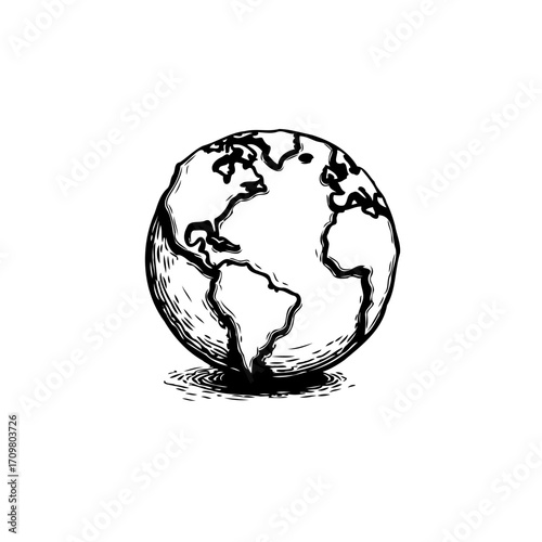 Intricate pen sketch of world globe showcasing diverse continents in detailed representation