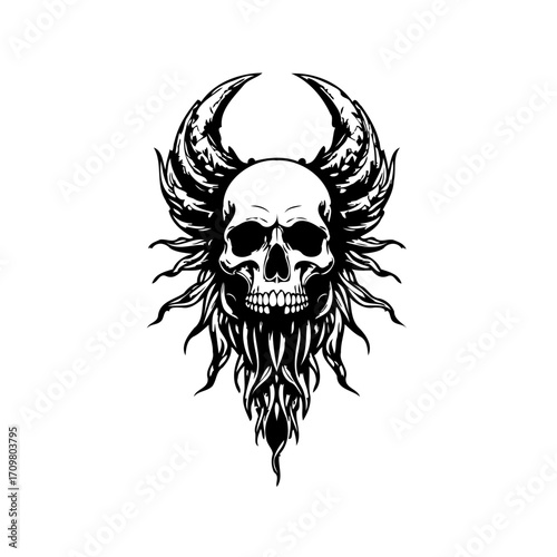 Intricate Skull Design with Horned and Winged Elements a Symbolic Representation of Mortality and