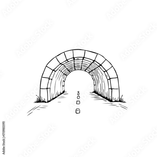 Intricate tunnel line art illustration depicting passage perspective drawing archway design and