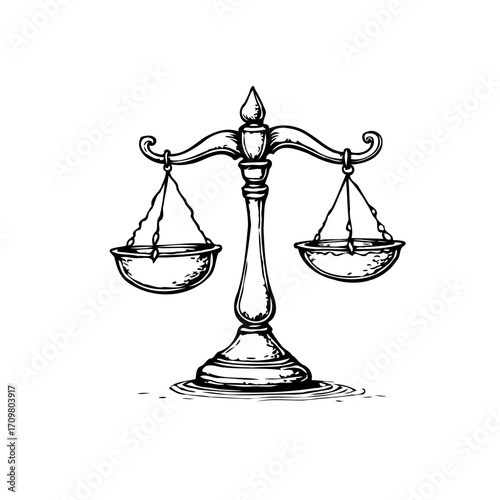 Intricate vintage scales of justice illustration symbolizing equilibrium and fairness within legal