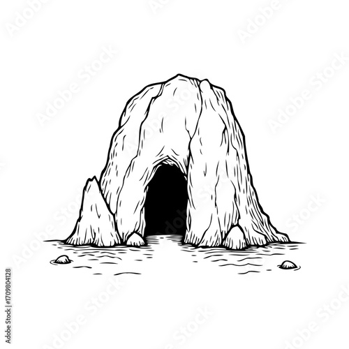 Isolated monochrome illustration of a cave entrance carved into a rock face depicting mystery and