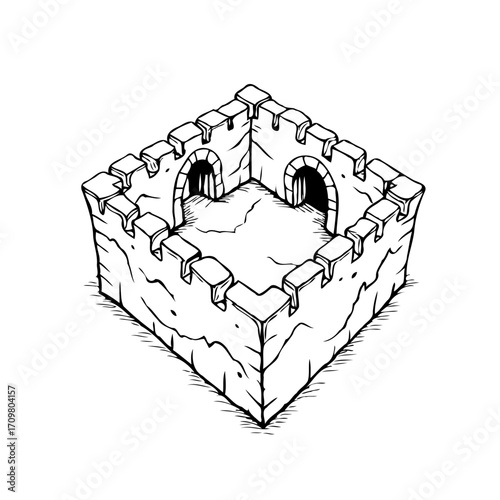 Isometric perspective of a vintage stone castle keep illustration with arched entrances and
