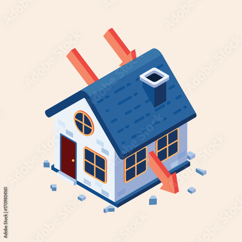 Isometric house illustration demonstrating heat transfer through the roof and windows, a concept for energy efficiency and insulation