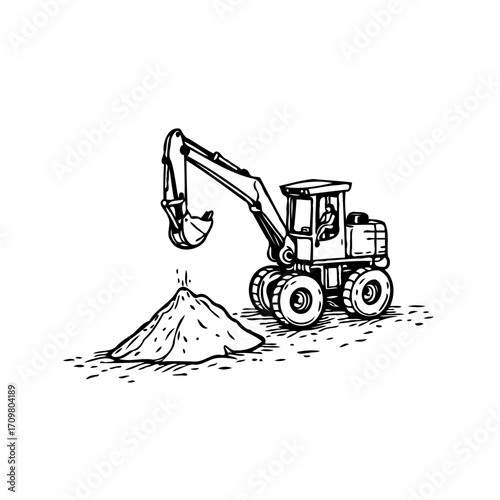 Line art depicting a robust excavator poised over a mound illustrating earthmoving in construction