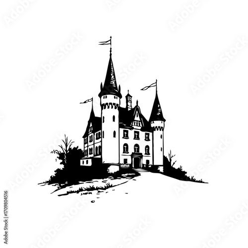 Majestic fantasy castle silhouette illustration featuring turrets, flags, and intricate