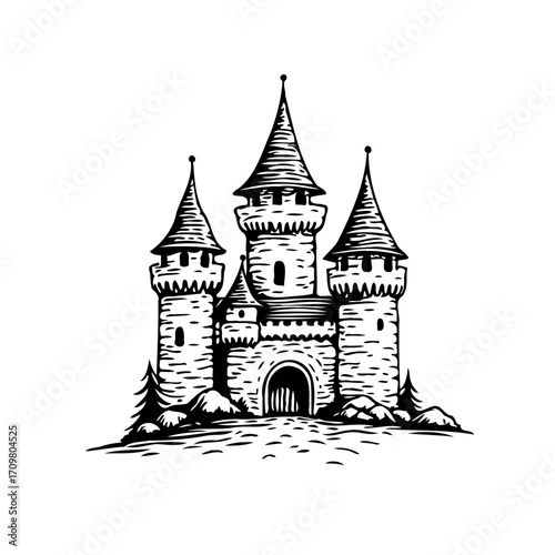Majestic fantasy castle vector illustration evoking fairy tales and medieval times with detailed