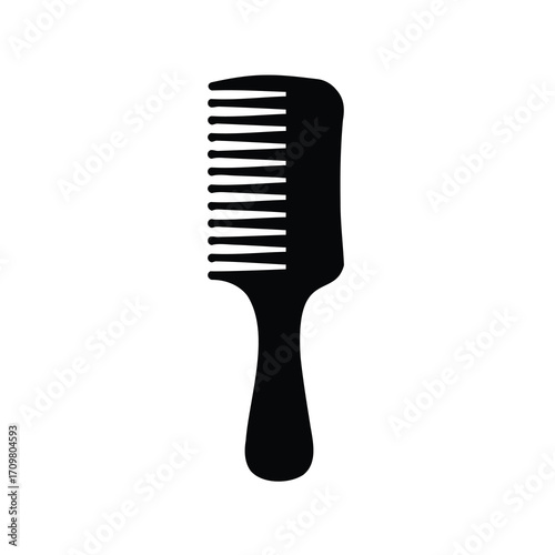 Black silhouette image of a simple hair comb against a white background