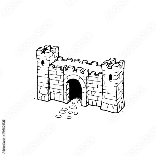 Medieval fortress entrance sketch with stone pathway leading into the arched gate drawn with