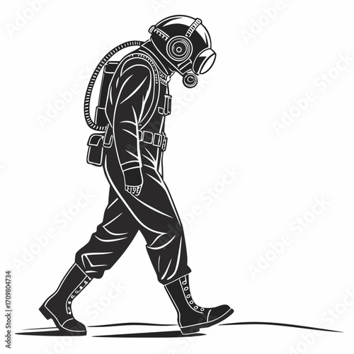 deep-sea diver in a vintage diving suit with helmet 
