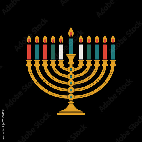 Hanukkah menorah illustration, golden candlestick with flames, minimal dark background, elegant religious symbol, holiday decor artwork, vector design