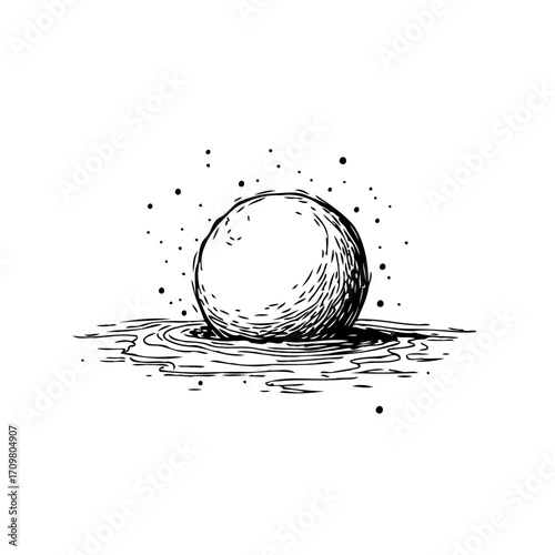 Minimalist depiction of a sphere resting on a liquid surface creating subtle ripples and splashes