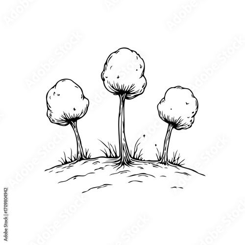 Minimalist depiction of three trees on a gentle hill captures a serene rural landscape with