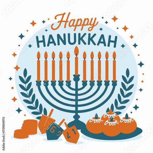 Happy Hanukkah wreath, menorah centerpiece with candles, dreidel and gifts, sufganiyot donuts, winter foliage accents, cheerful vector illustration