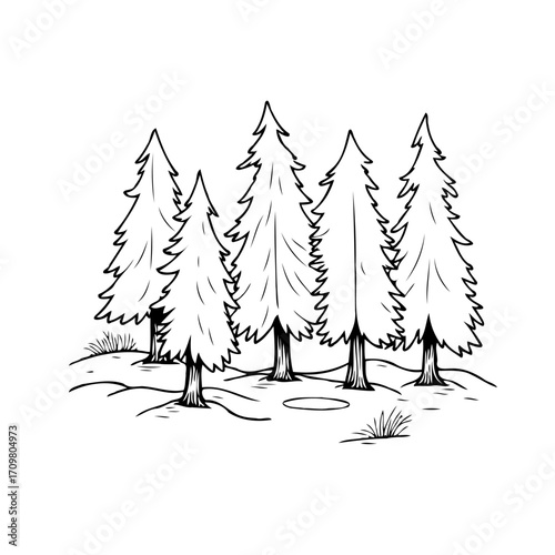 Minimalist illustration of a pine forest, showcasing nature's beauty and tranquility with simple