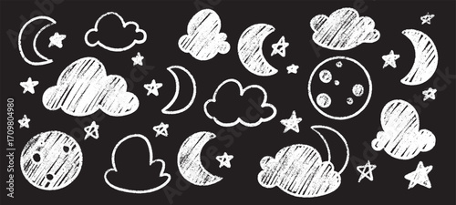 White crayon cloud, moon and star sketches with chalk texture on black background for night sky illustration. Celestial doodles of crescents, sparkles and fluffy cumulus. Dreamy astronomical elements