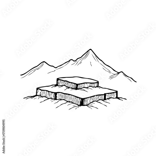 Minimalist landscape illustration featuring a plateau and distant mountains conveying serenity and