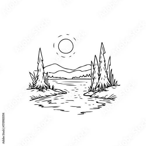 Minimalist vector illustration depicting serene river scenery with coniferous trees and distant