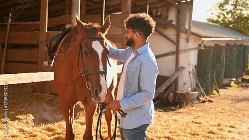 Leading the animal. Guy is with horse on the farm
