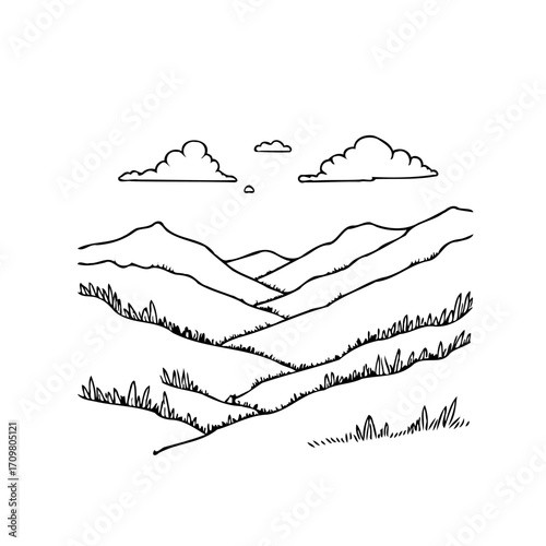 Minimalistic mountain range illustration with fluffy clouds floating above a serene valley