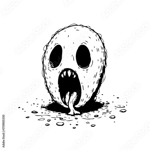 Monochromatic grotesque sphere face illustration with open mouth and protruding tongue displaying