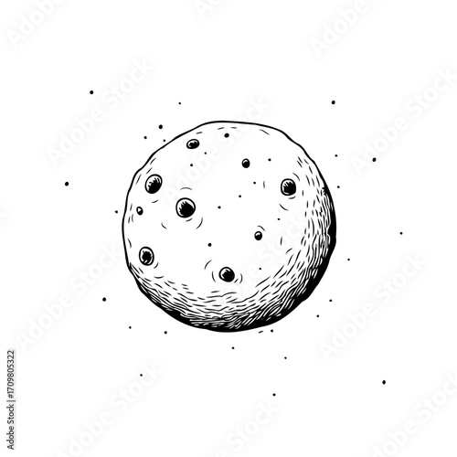 Monochromatic hand drawn illustration of a celestial sphere with craters floating in space evoking